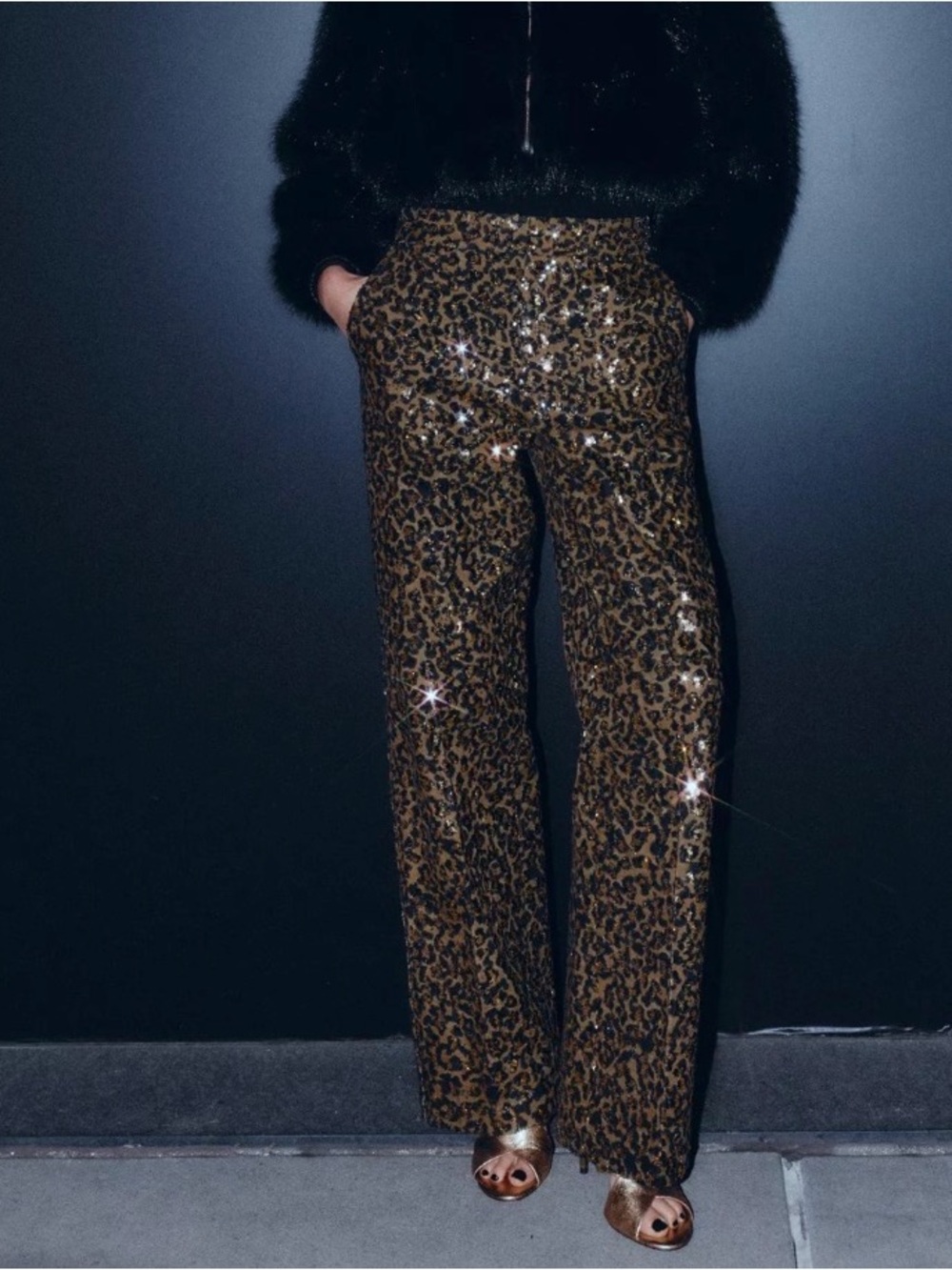 Zara Sequin Leopard Wide-Leg Pants - Brown & Black